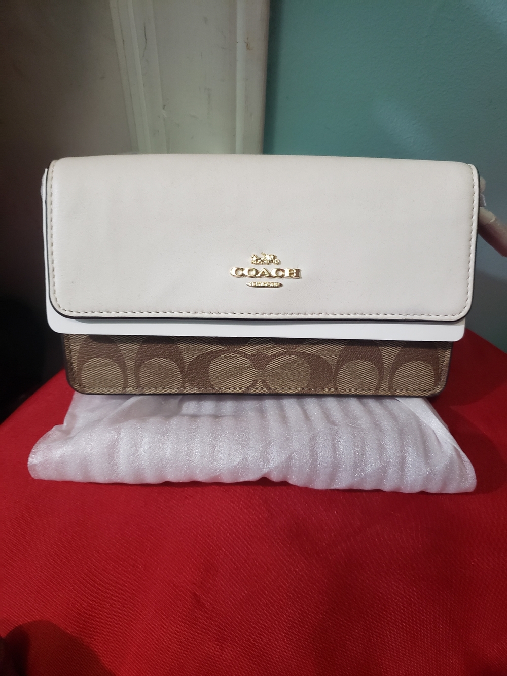 Coach White Leather & Brown Signature Crossbody Bag